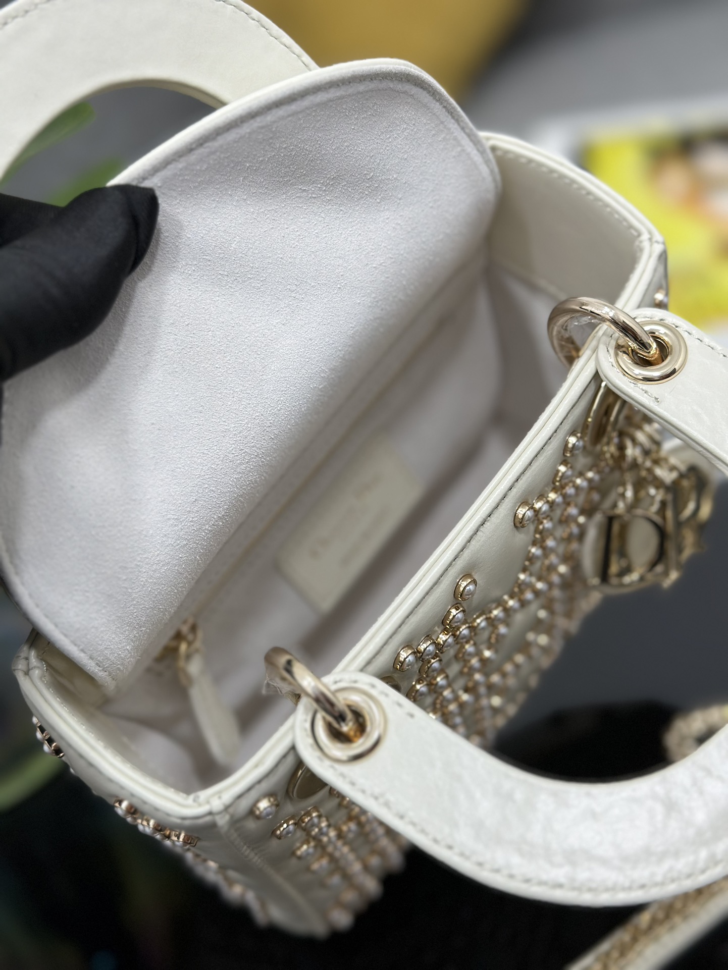 Mini Lady Dior Bag White Calfskin Embroidered with Pearl Nail